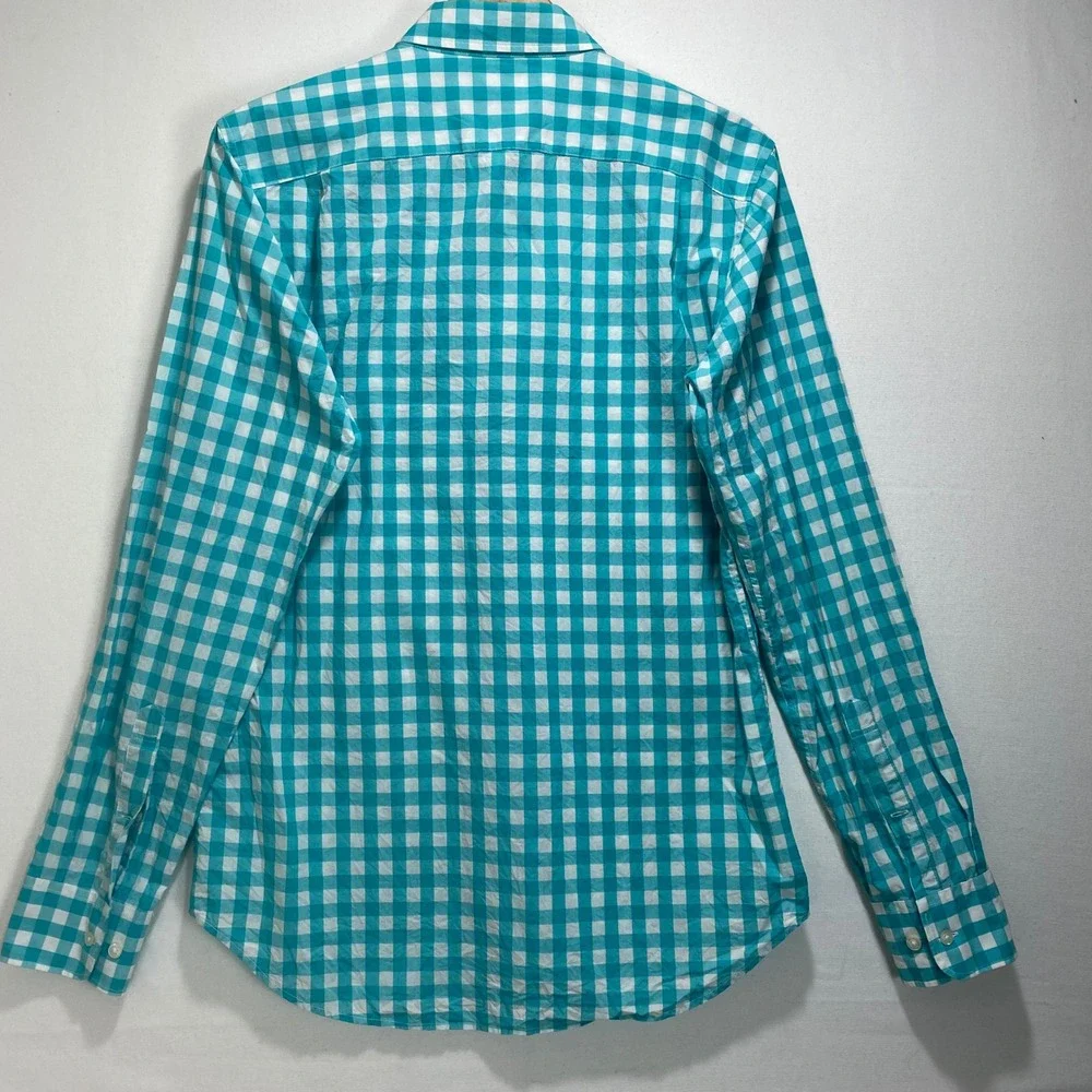 BONOBOS Slim Fit Long Sleeve Men M Long Turquoise Gingham Button Down Shirt - Picture 9 of 9